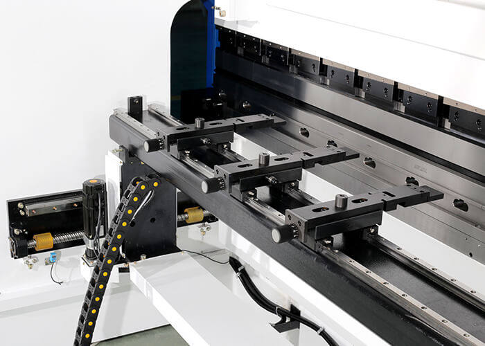 CNC press brake backgauge system showing X-axis and R-axis positioning