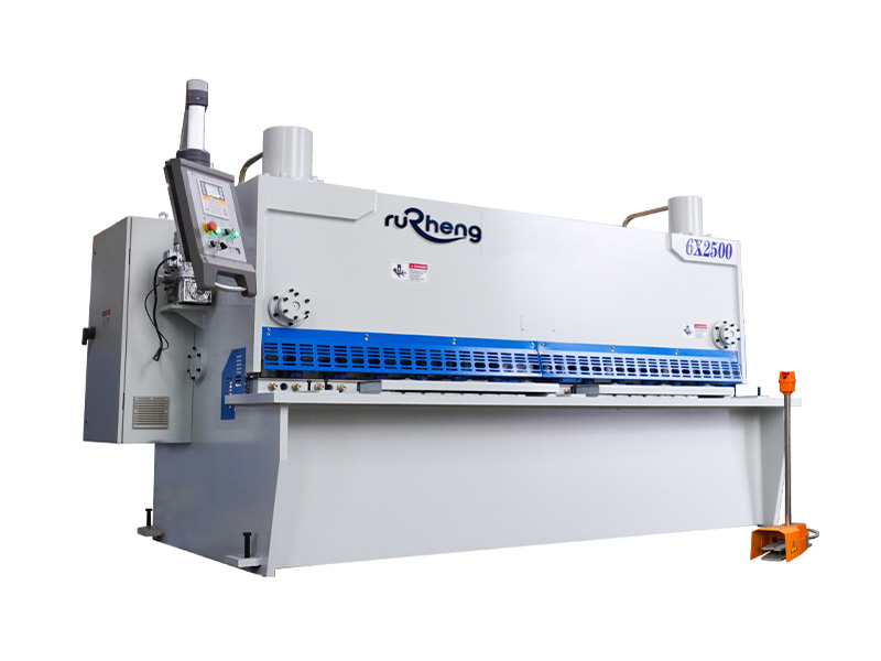 Hydraulic shearing machine in a metal fabrication workshop