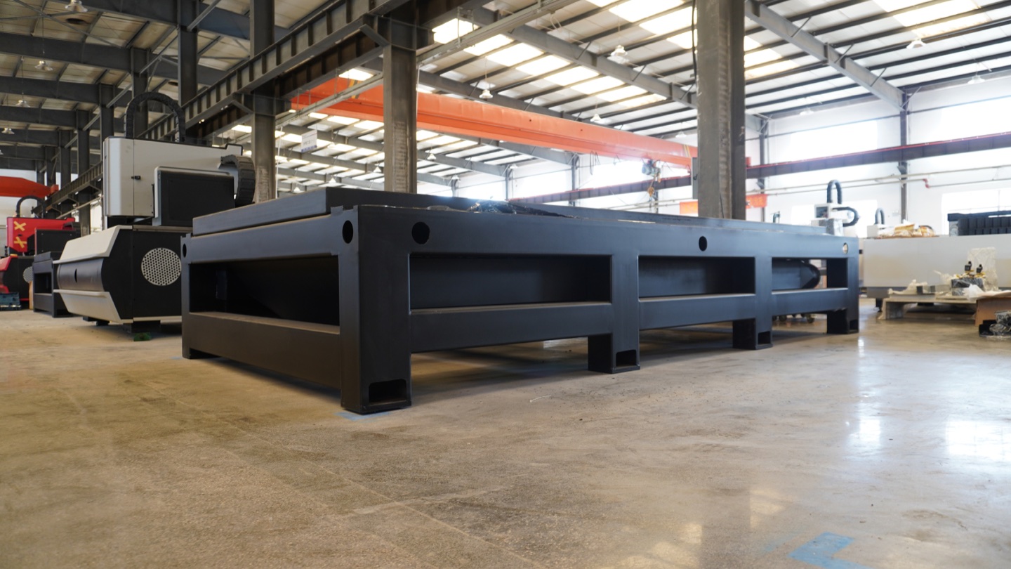 Laser cutting machine frames during assembly; frame construction is one item to inspect when comparing suppliers.