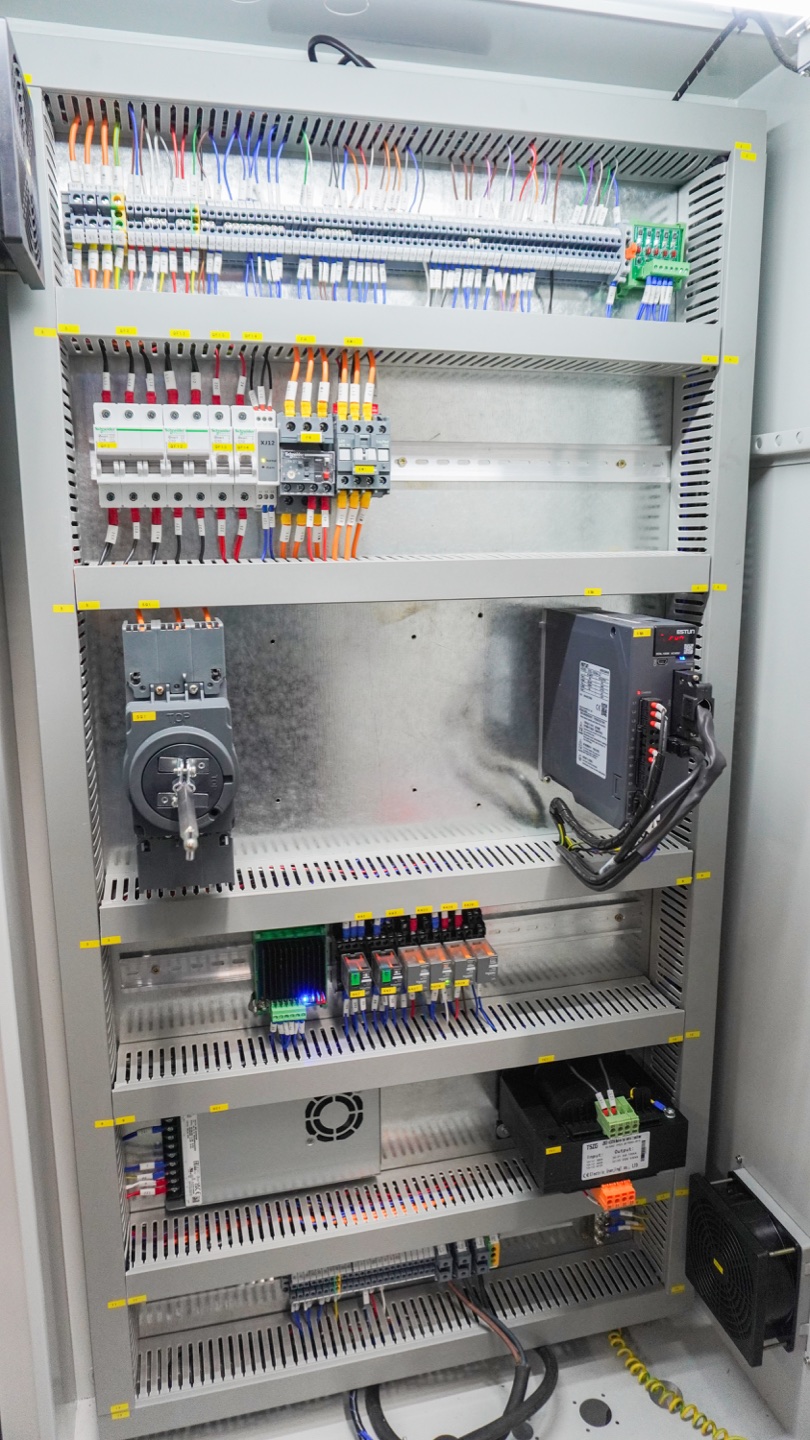 Electrical cabinet, wiring and control components to inspect with the machine safely isolated.