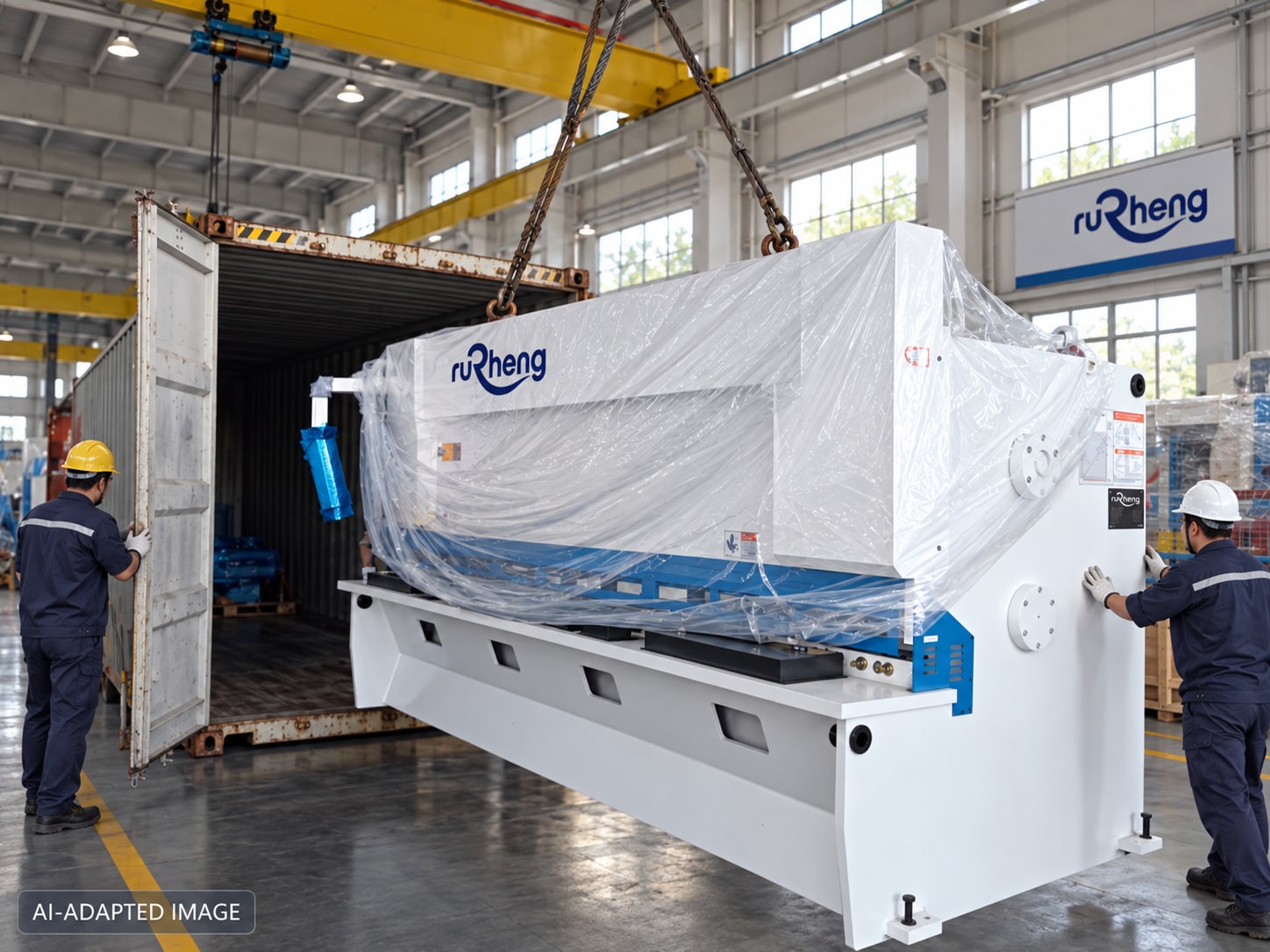 AI-adapted illustration of shear loading with Rucheng branding and an adjusted workshop setting.