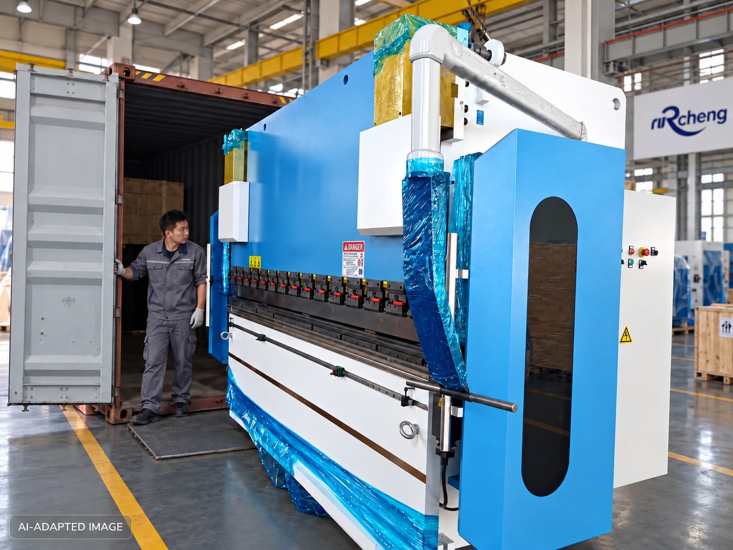 AI-adapted press brake loading illustration with a fictional worker and Rucheng branding.