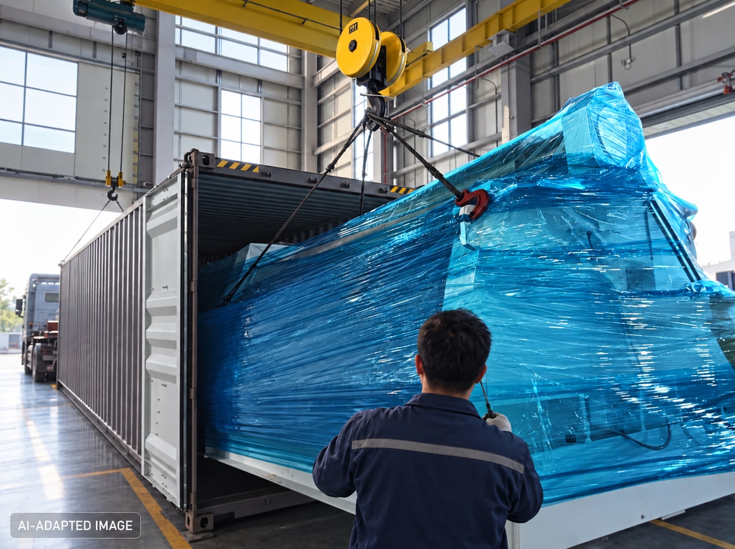 AI-adapted illustration of wrapped equipment near a container; worker and setting changed.