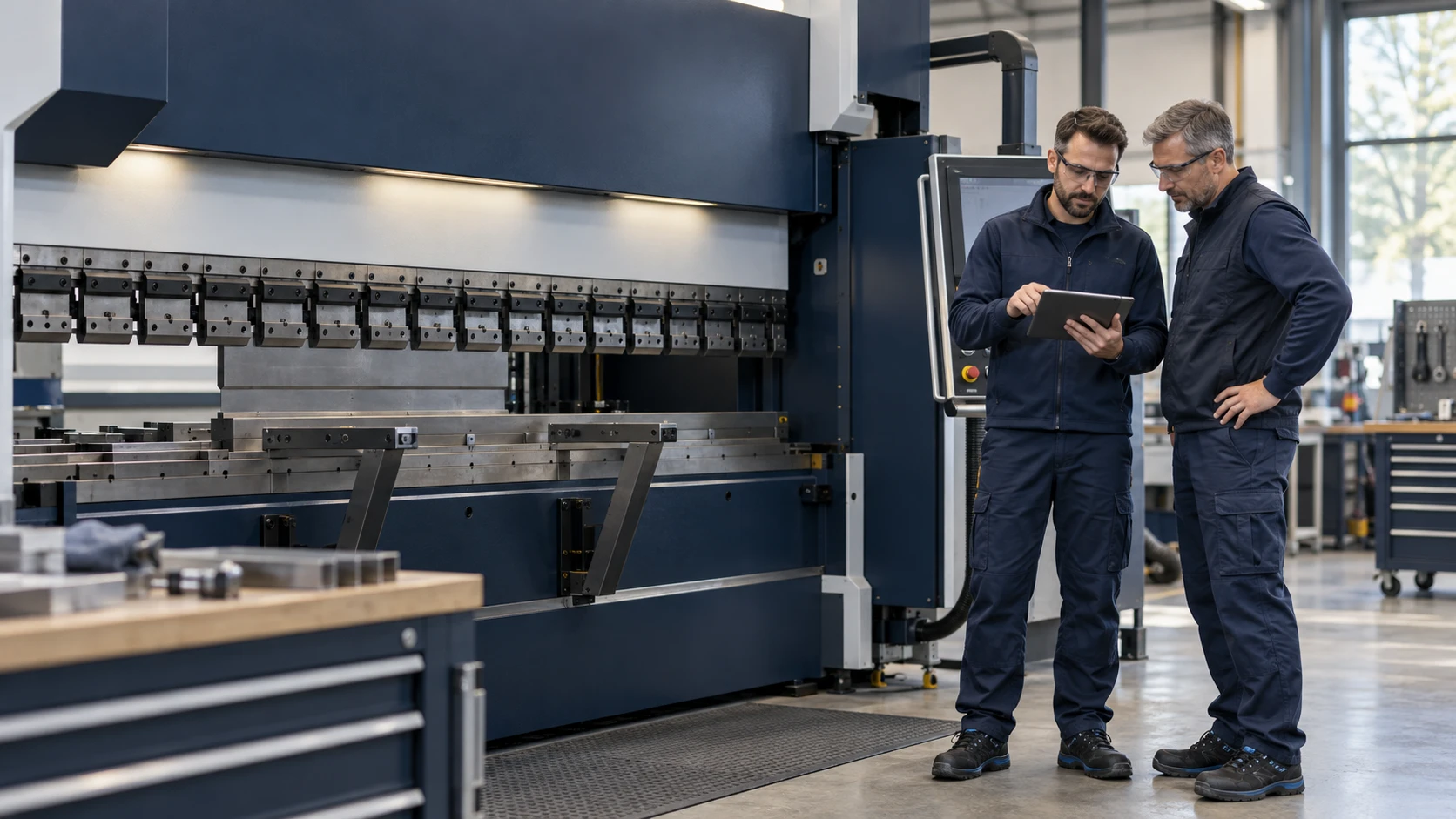 Illustration of service engineers reviewing press brake diagnostics